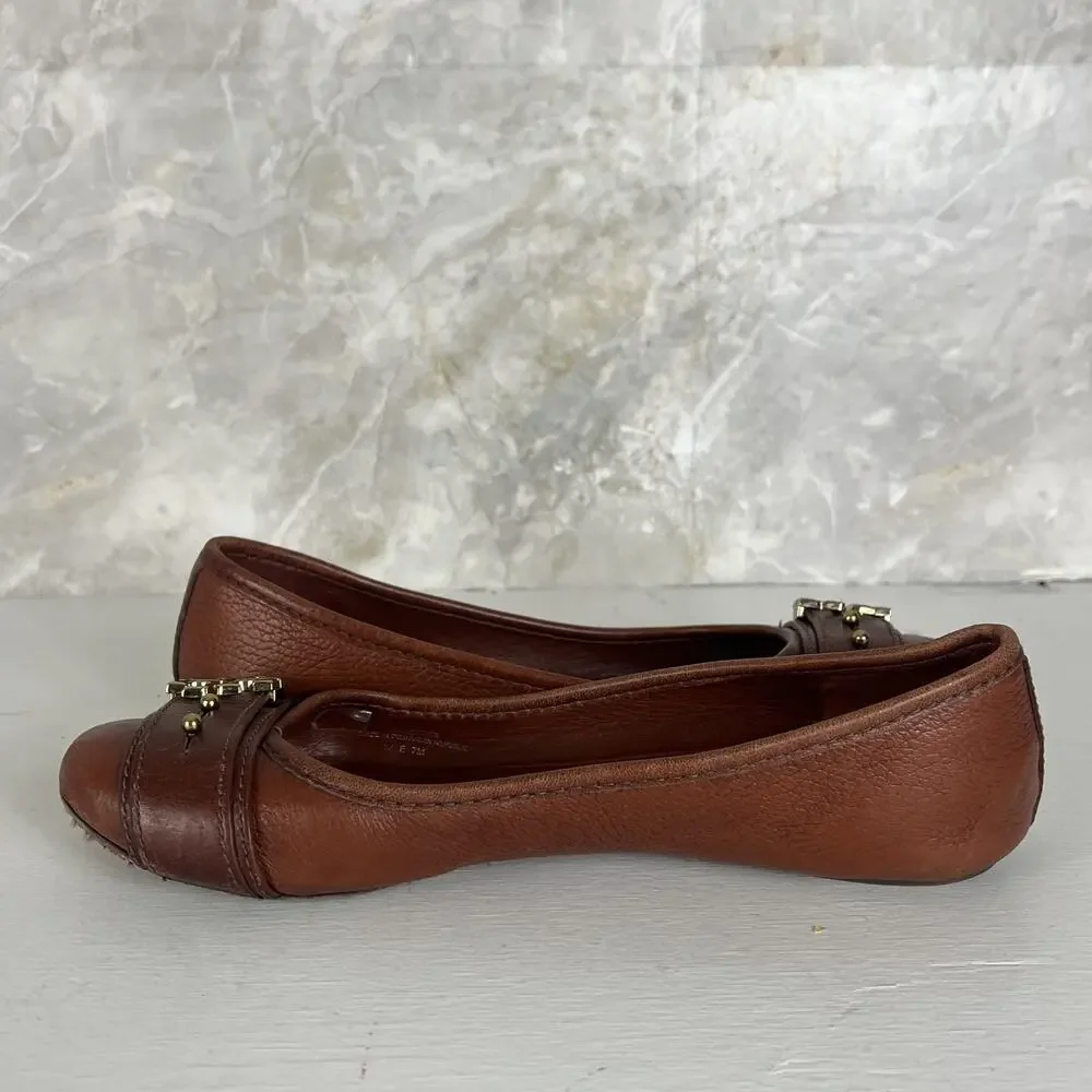 Tory Burch Brown Pebbled Leather Gold Reva Buckle Elina Ballet Flats Size 7M